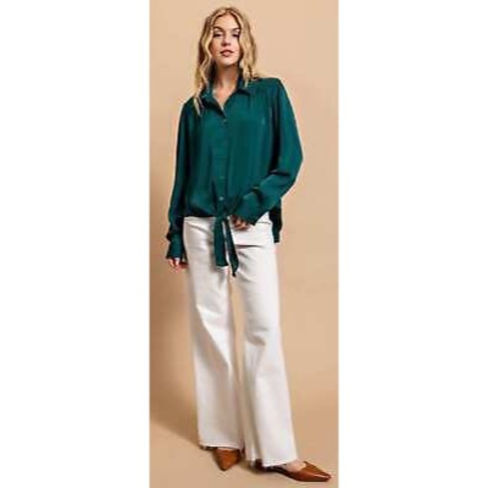 New Gigio Size S M Hunter Green Button Up Smocked Shoulder Striped Blouse Top